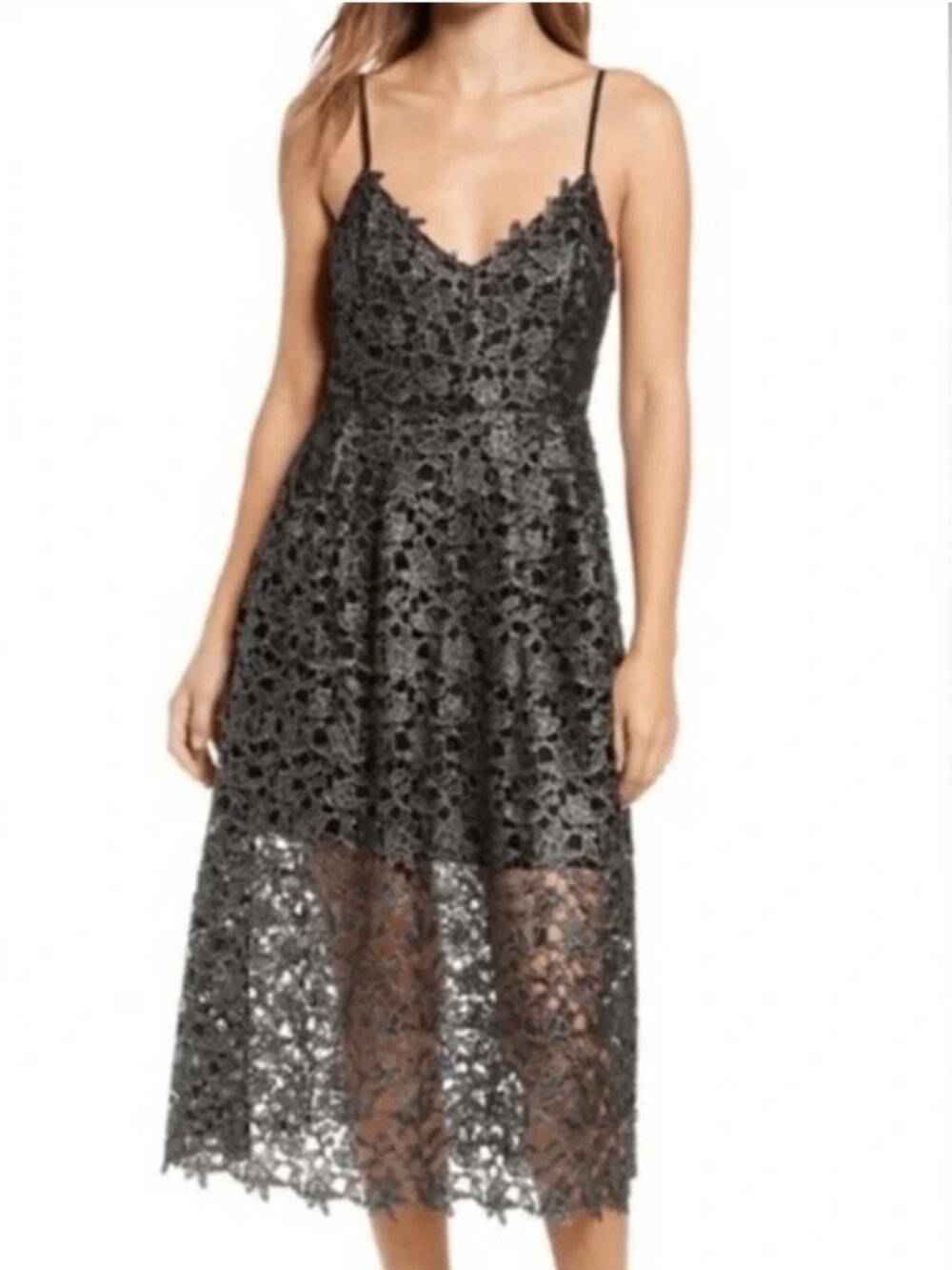 ASTR Black & Silver Floral Lace Midi Dress with Mini Underlining - M